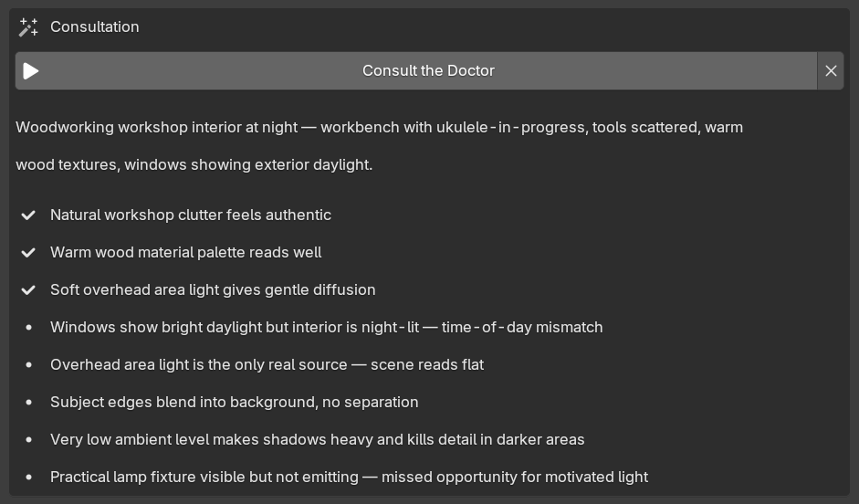 The consultation panel listing what's working and what isn't in the scene's lighting