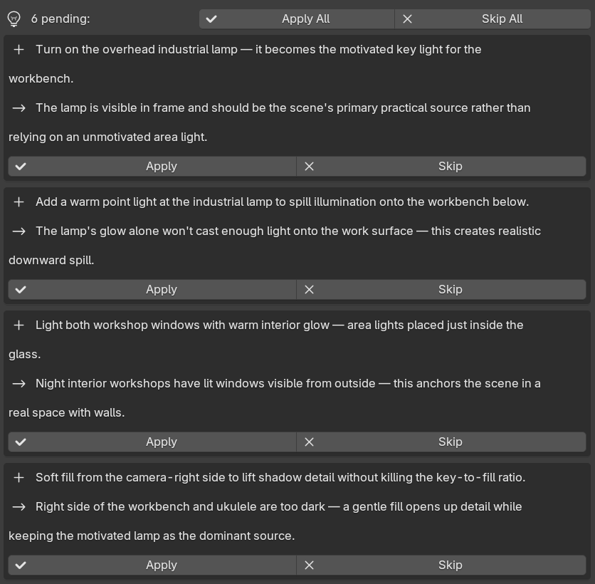A list of pending lighting suggestions with Apply and Skip buttons and reasoning for each