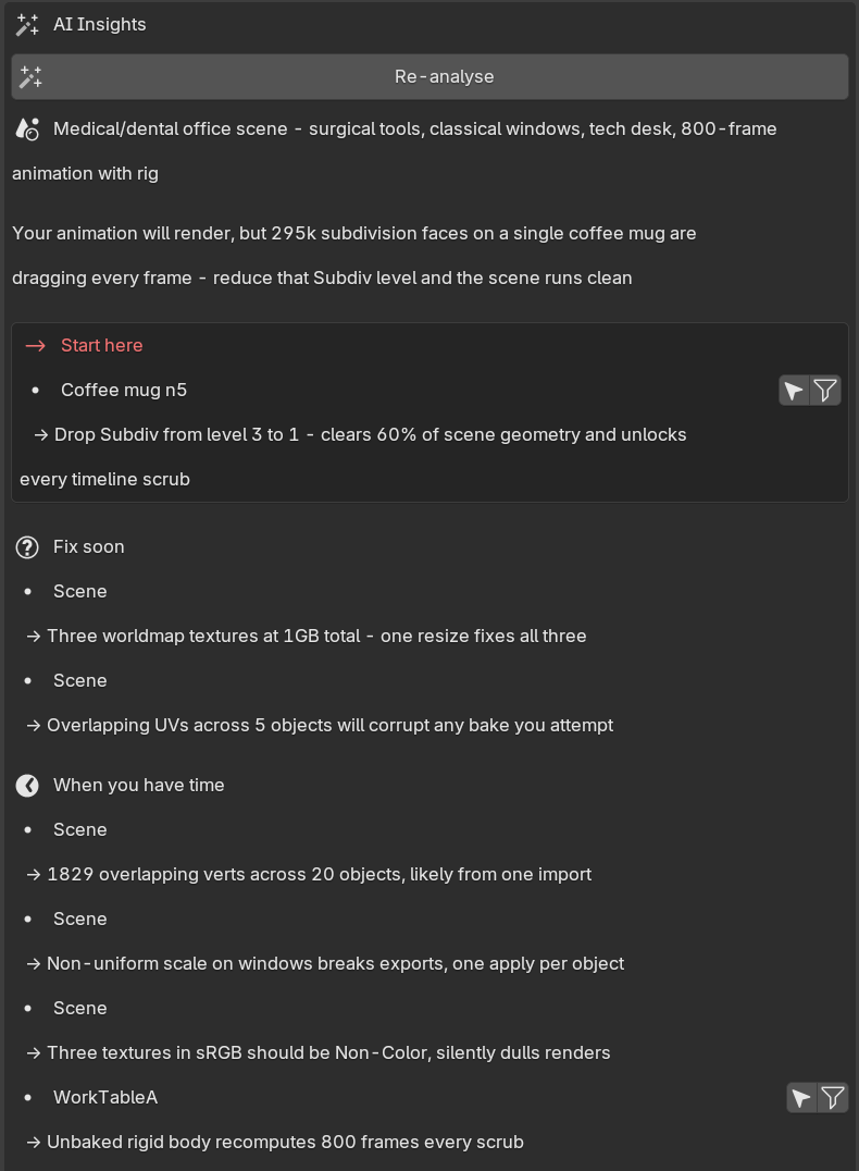 The AI Insights panel grouping findings into Start here, Fix soon, and When you have time
