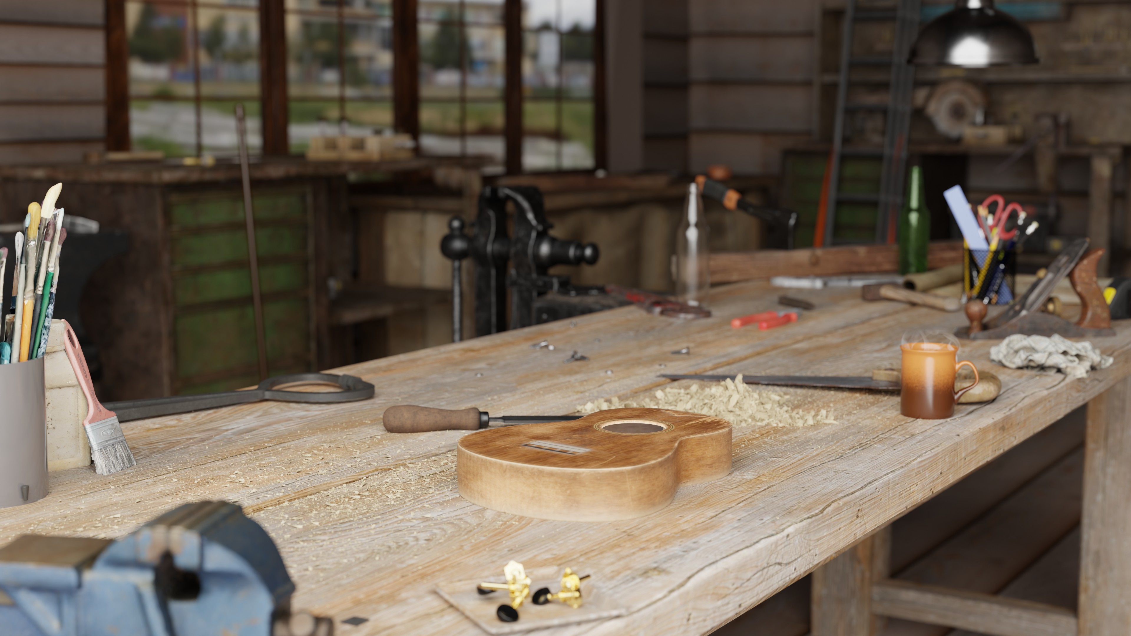 A workshop desk render, unlit
